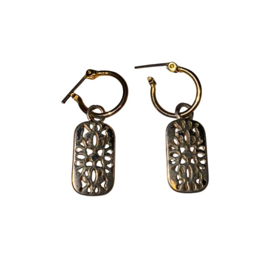 Vintage Gold & Silver Rectangular Dangle Earrings With Filigree Design - Picture 2 of 6